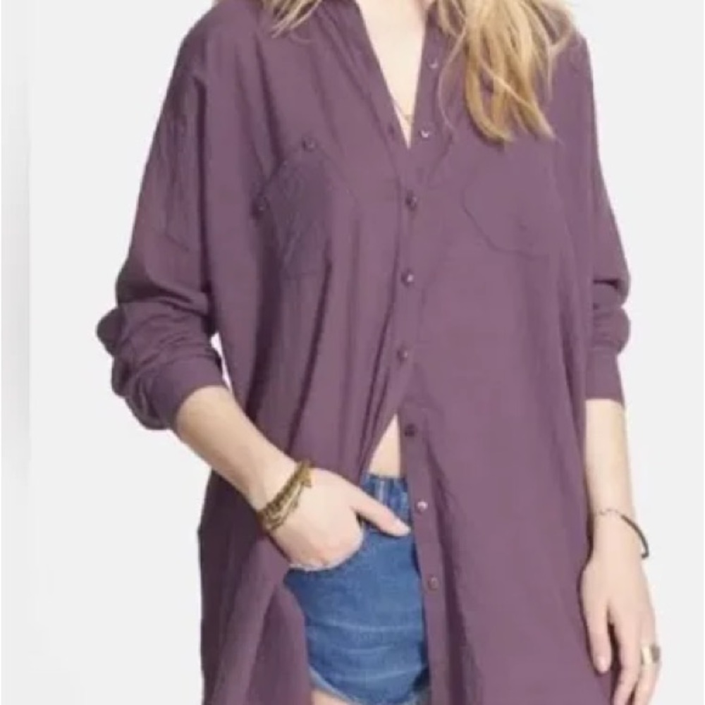 Free People Love Her Madly Eggplant Button Down Oversized Hi Low Top Shi…